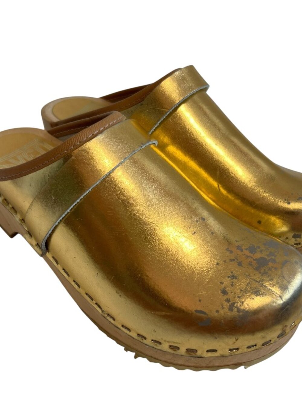 Sven Swedish clogs gold metallic leather open back stapled kids size 4 slip on